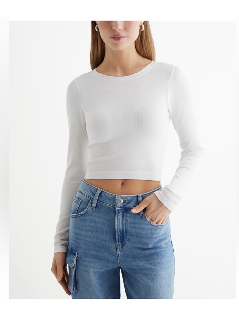 Express Ribbed White Long Sleeve Cropped Tee